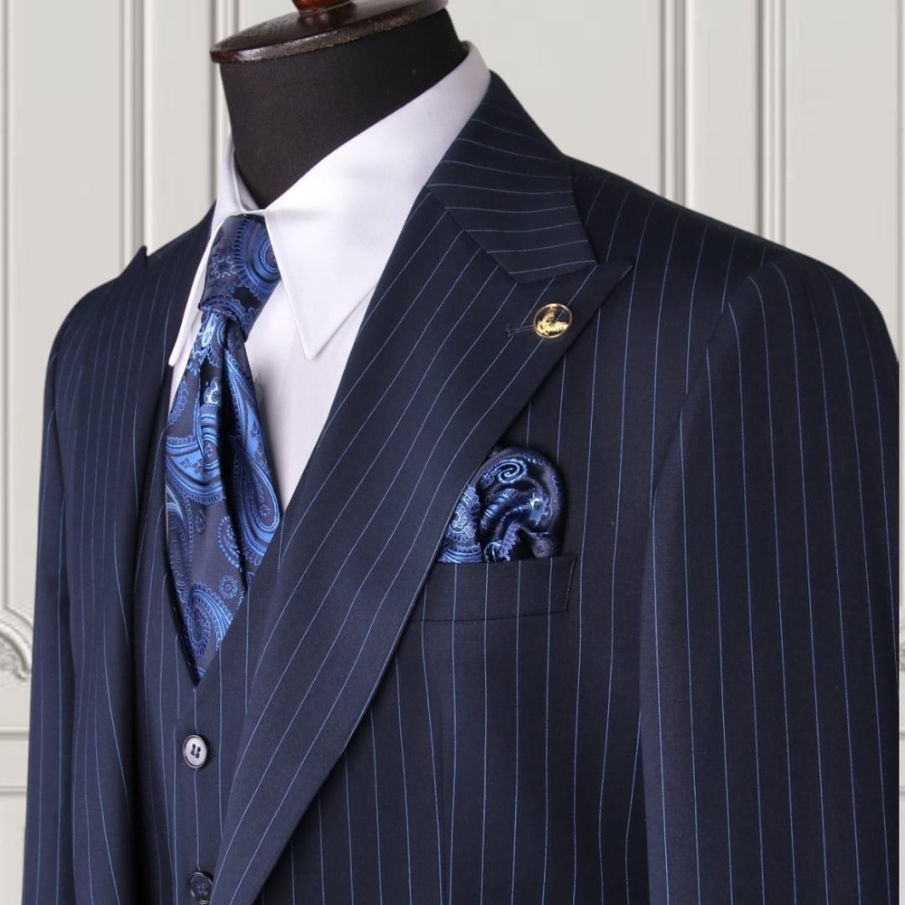 Navy Pinstripe Three-Piece Suit - Classic Formal Suiting - Picture 2 of 3